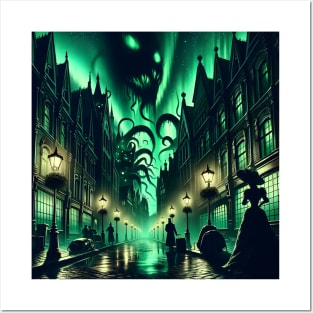 A Victorian city street where shadows turn into monstrous forms under a green sky Posters and Art